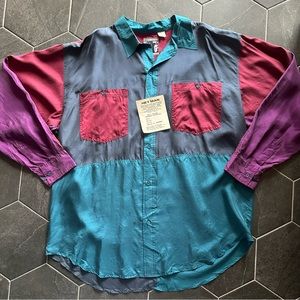 VTG 80s NWT HEY MAN! Colorblock 100% Silk Button Front Long Sleeve Dress Shirt
